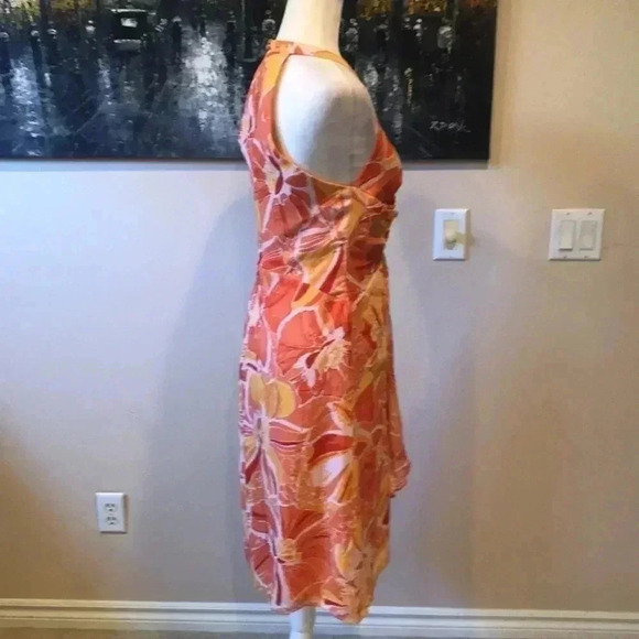 KAY UNGER Orange Silk Ruffled Front Halter Dress with Brooch Peephole Back-8 - Picture 3 of 10